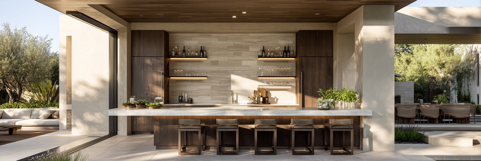 luxury entertainment center with integrated bar beverage refrigeration storage indoor outdoor hosting architectural design